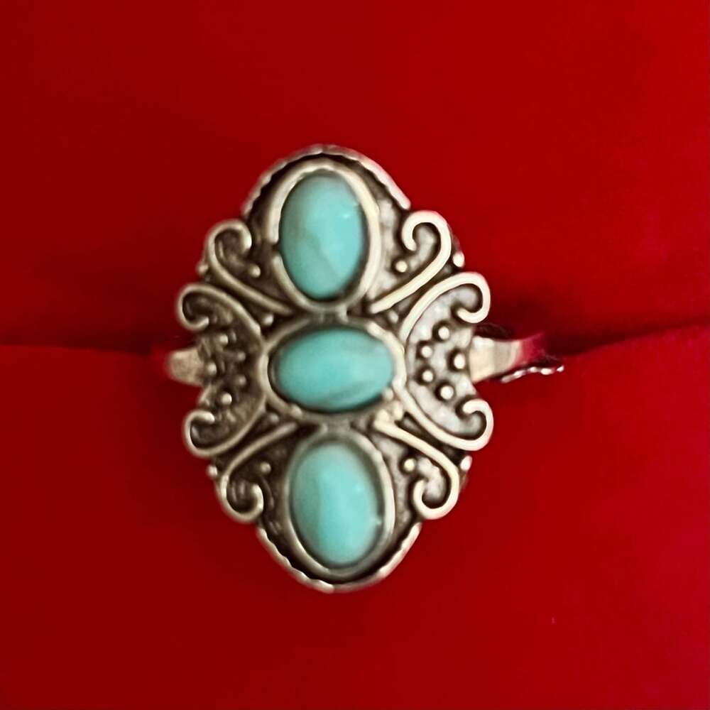 Vintage Southwestern Style Turquoise Stone Titanium Steel Silver Ring Size 6